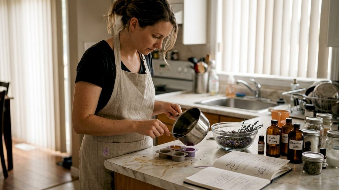 Maker pouring soap in home kitchen workspace