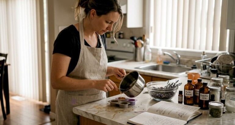 Maker pouring soap in home kitchen workspace