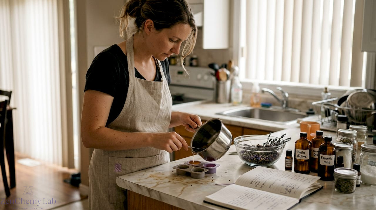 Maker pouring soap in home kitchen workspace