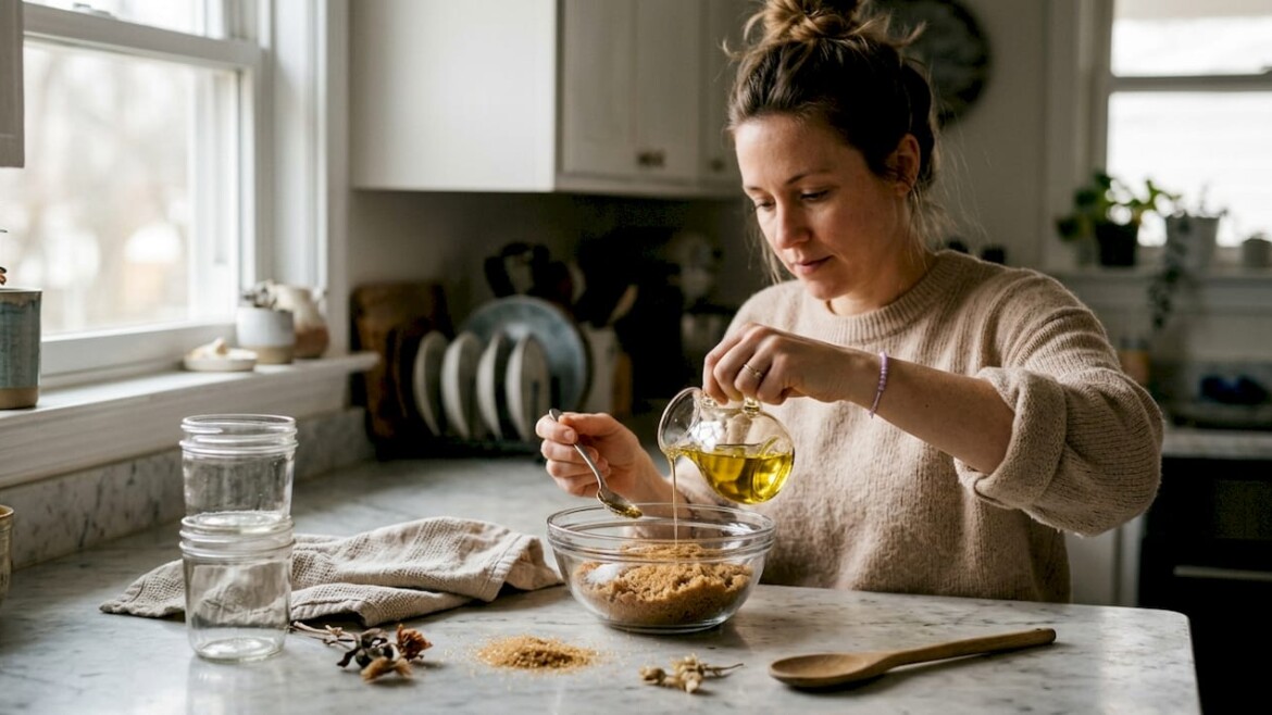 Woman prepares homemade body scrub at kitchen counter
