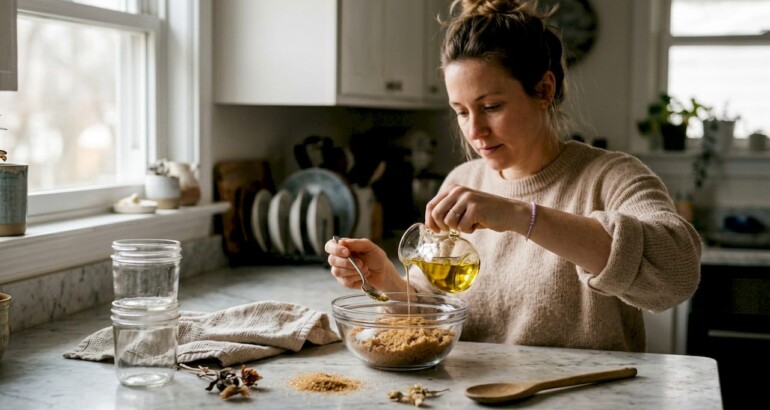 Woman prepares homemade body scrub at kitchen counter