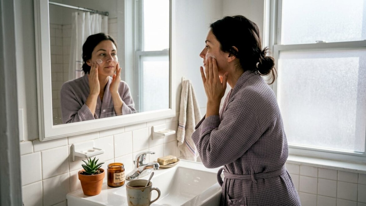 Woman using organic skincare products at bathroom sink