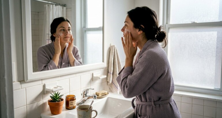 Woman using organic skincare products at bathroom sink