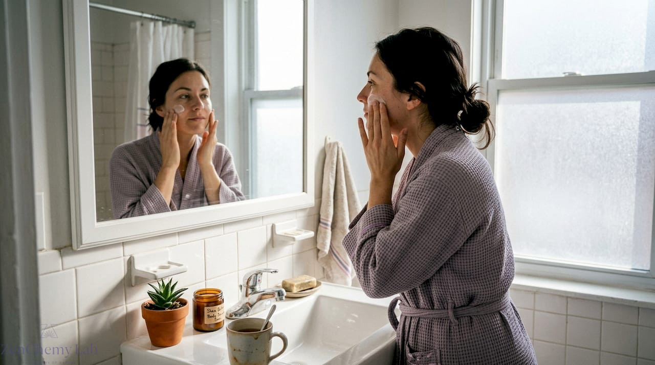 Woman using organic skincare products at bathroom sink