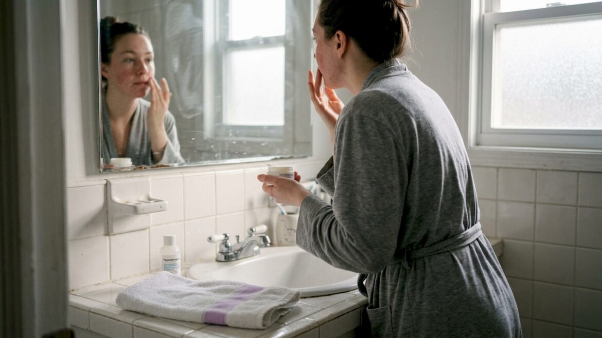 Woman applies skincare in home bathroom