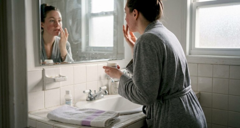 Woman applies skincare in home bathroom