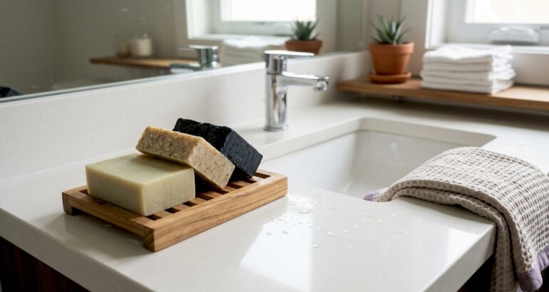 Natural soap bars on bathroom counter