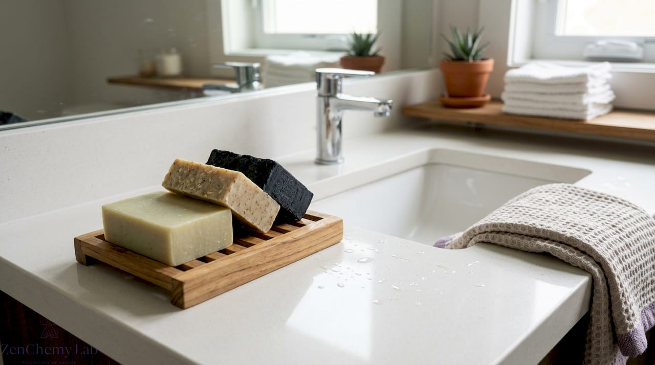 Natural soap bars on bathroom counter