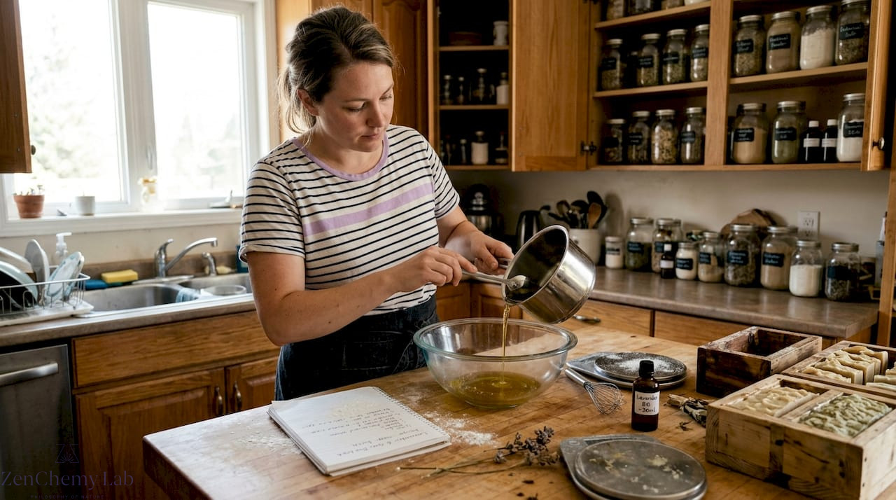 Handmade soap creation in real home kitchen