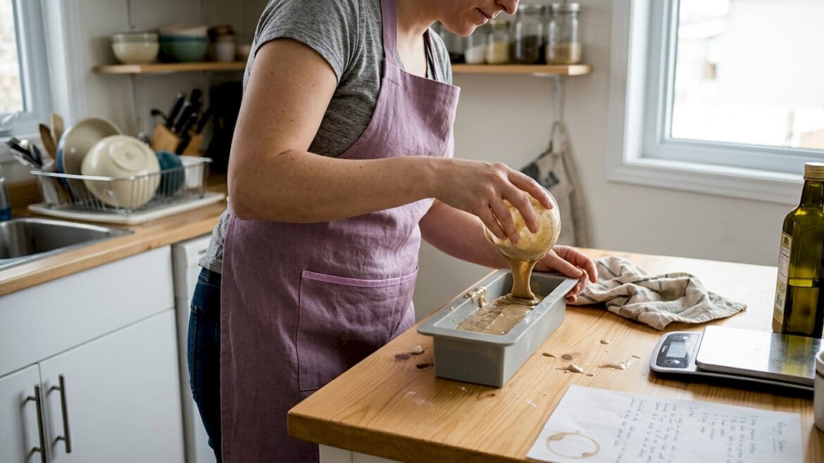Woman pouring soap batter in sunny kitchen