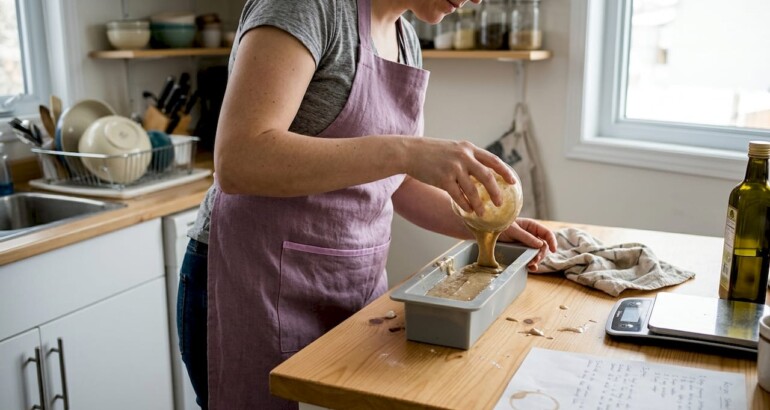 Woman pouring soap batter in sunny kitchen