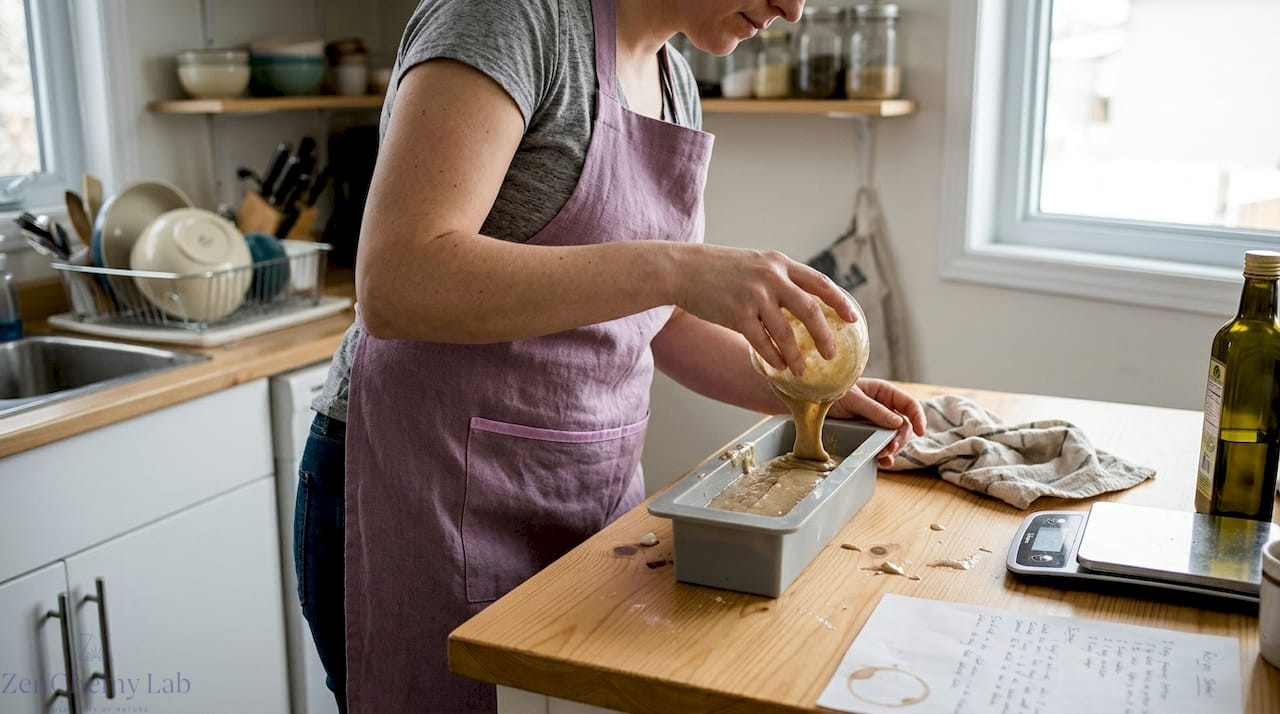 Woman pouring soap batter in sunny kitchen