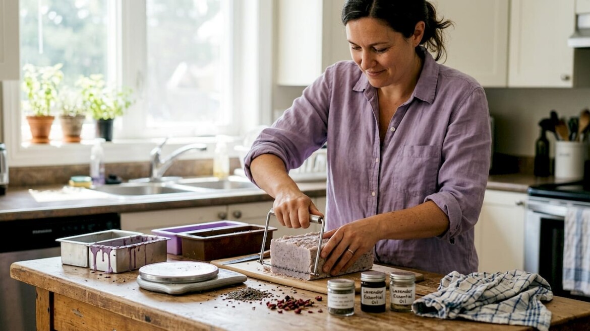 Hands cutting artisan soap in home kitchen