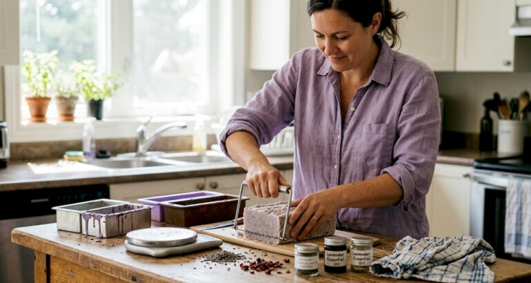 Hands cutting artisan soap in home kitchen