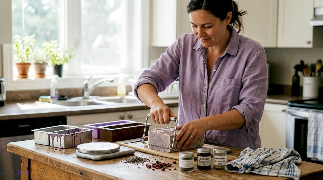 Hands cutting artisan soap in home kitchen