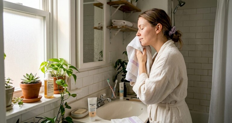 Woman doing morning natural skincare routine