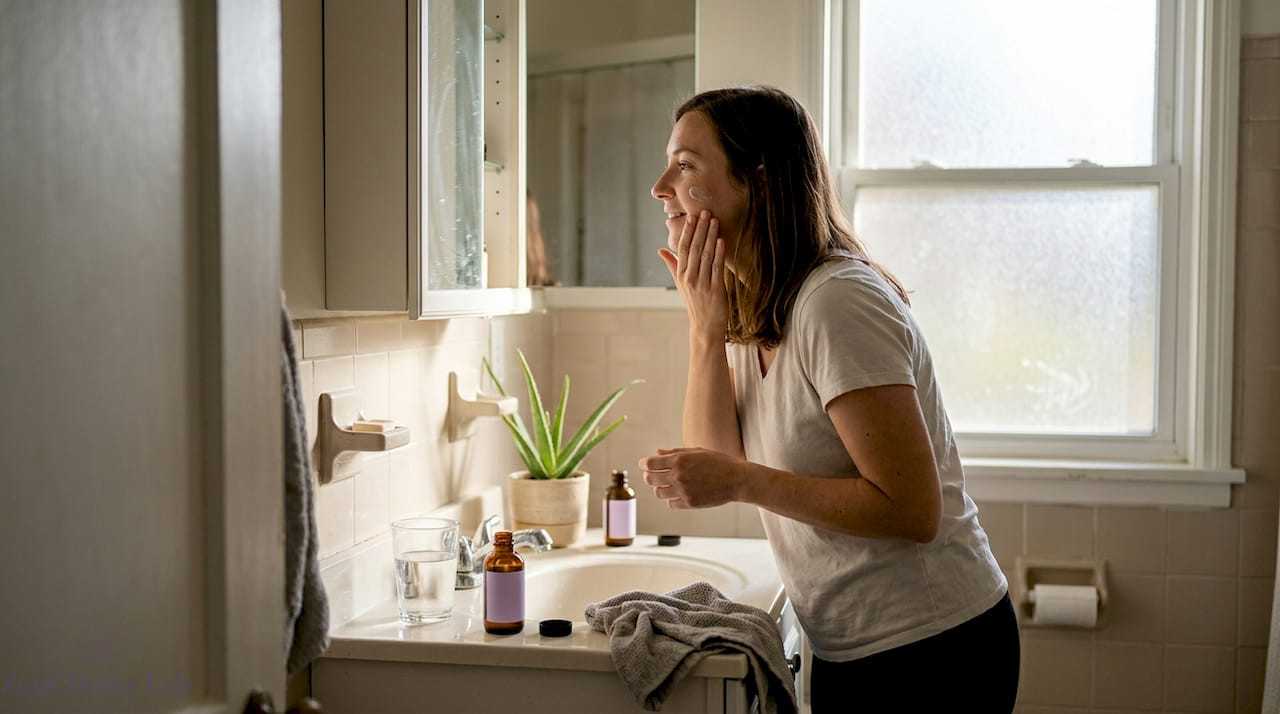 Woman applying botanical cream in sunlit bathroom