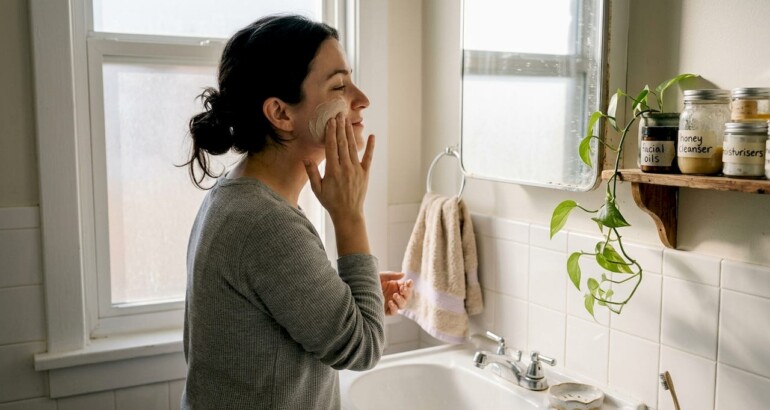 Woman applying artisanal skincare in morning bathroom