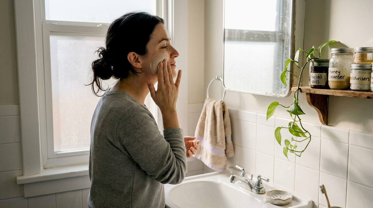 Woman applying artisanal skincare in morning bathroom