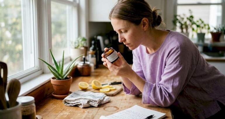 Woman checking skincare ingredient label at kitchen counter