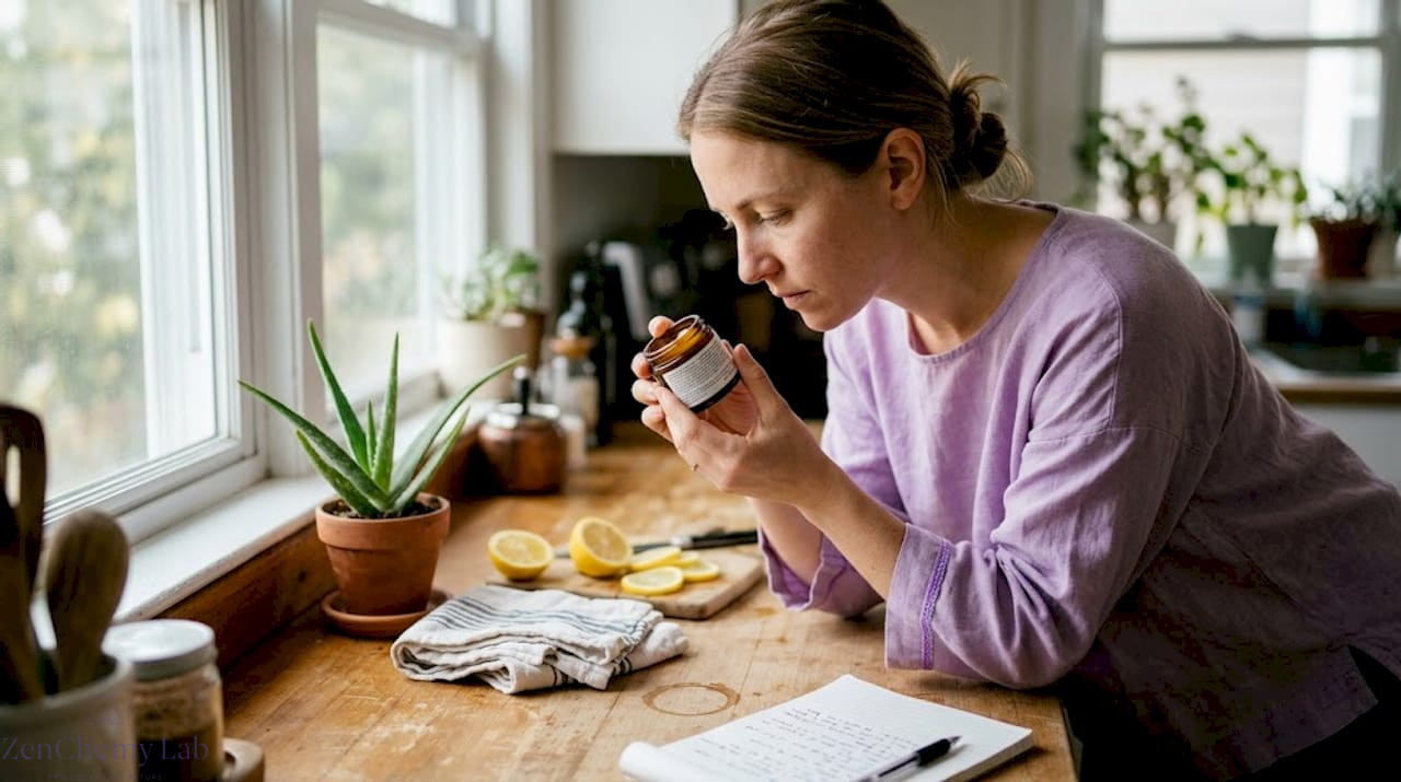 Woman checking skincare ingredient label at kitchen counter