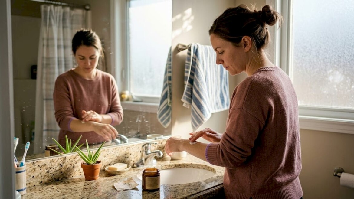 Woman using plant-based lotion in home bathroom