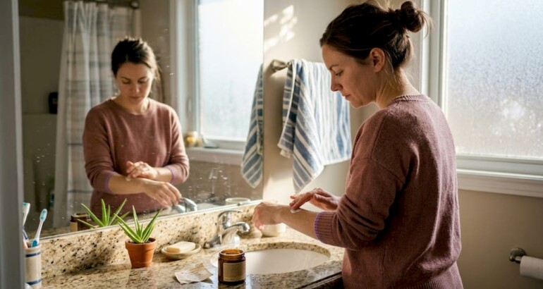 Woman using plant-based lotion in home bathroom