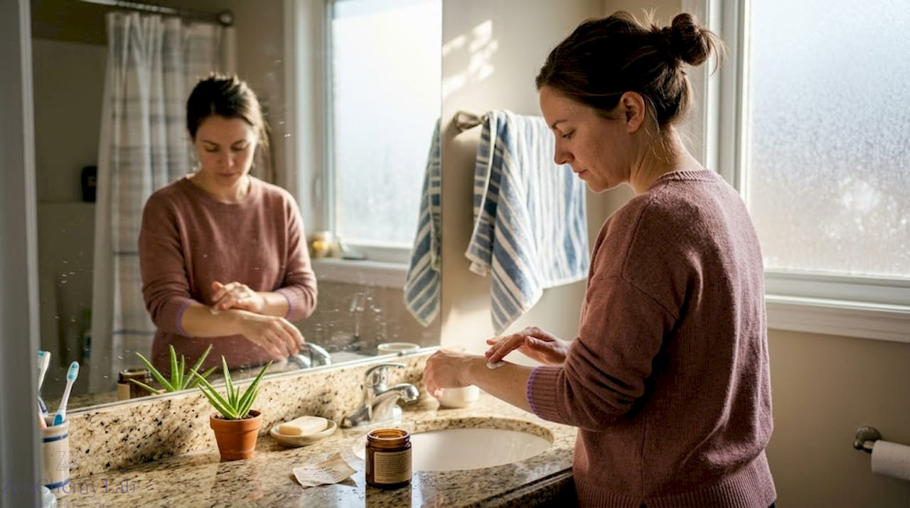 Woman using plant-based lotion in home bathroom