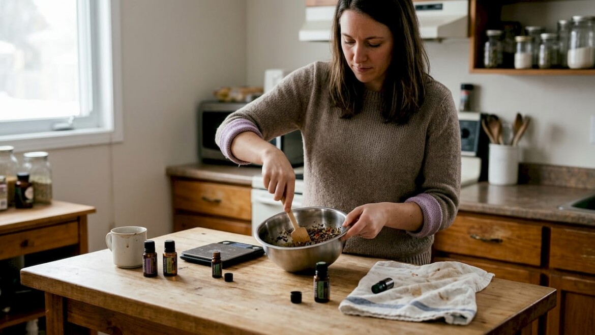 Person making artisanal soap in home kitchen