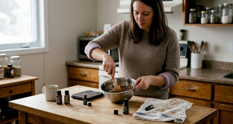 Person making artisanal soap in home kitchen