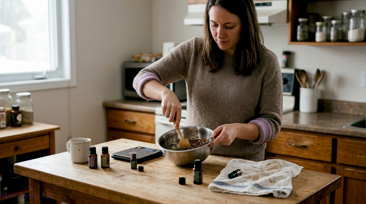 Person making artisanal soap in home kitchen
