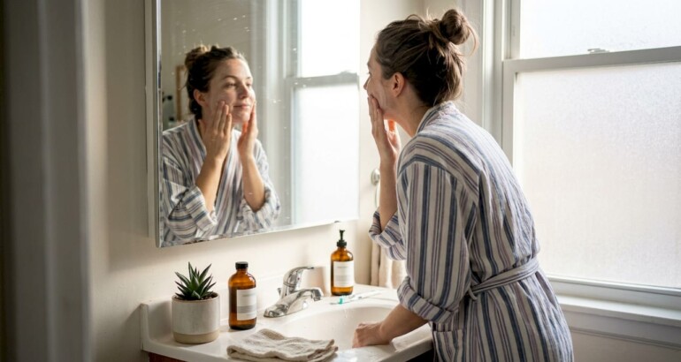 Woman cleansing face in bright home bathroom