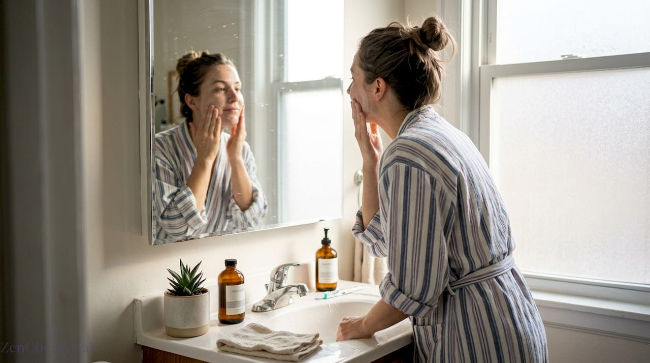 Woman cleansing face in bright home bathroom