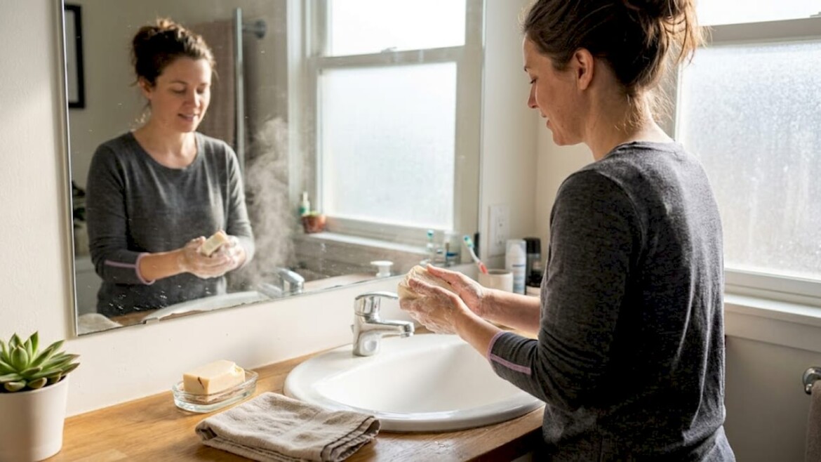 Washing hands with handcrafted soap at home sink