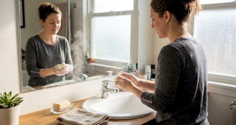 Washing hands with handcrafted soap at home sink