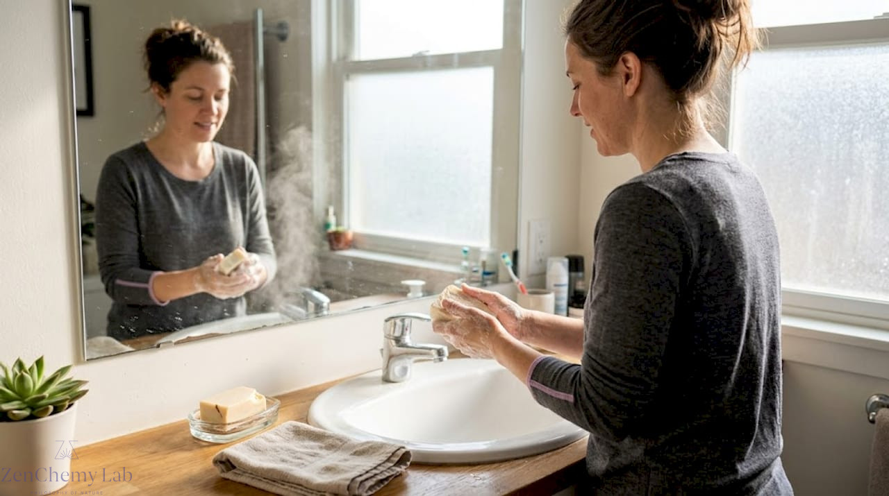 Washing hands with handcrafted soap at home sink