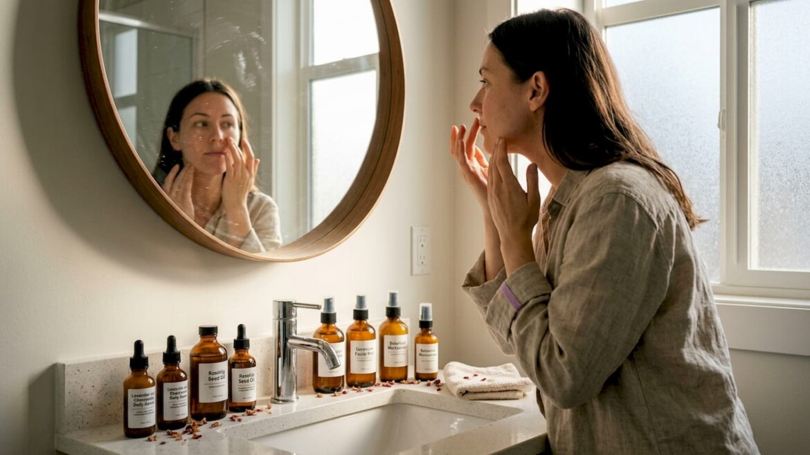 Woman using botanical skincare in bathroom