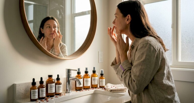 Woman using botanical skincare in bathroom