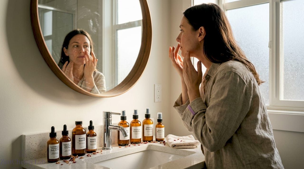 Woman using botanical skincare in bathroom