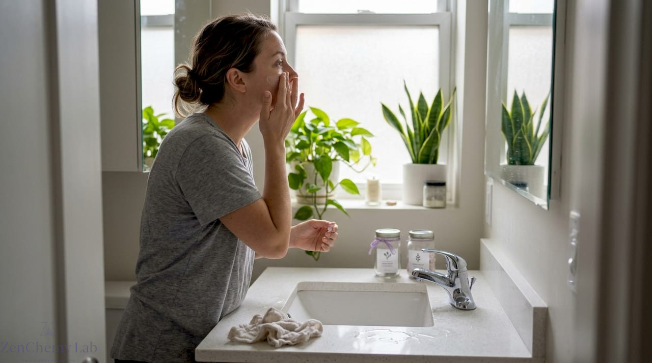 Woman using vegan skincare in home bathroom
