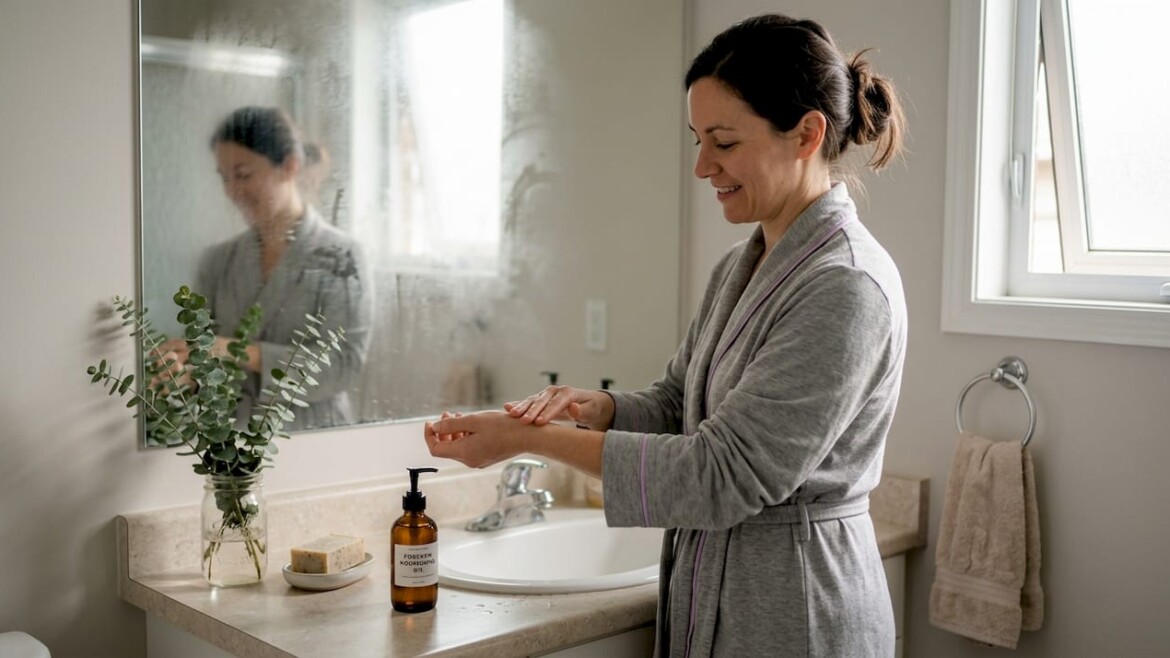 Woman using natural body care in home bathroom