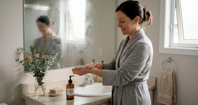 Woman using natural body care in home bathroom