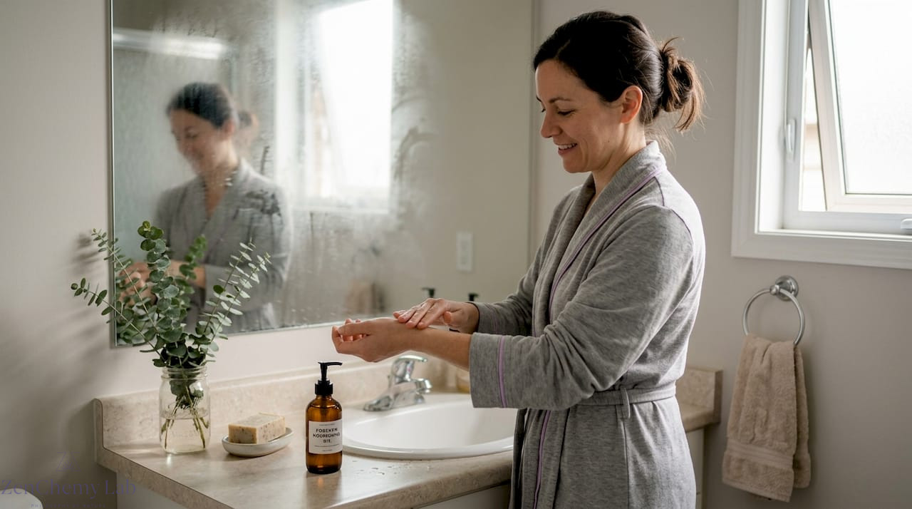 Woman using natural body care in home bathroom
