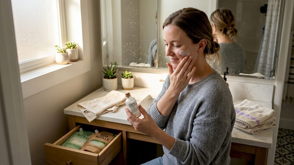 Woman applying sustainable skincare at bathroom vanity