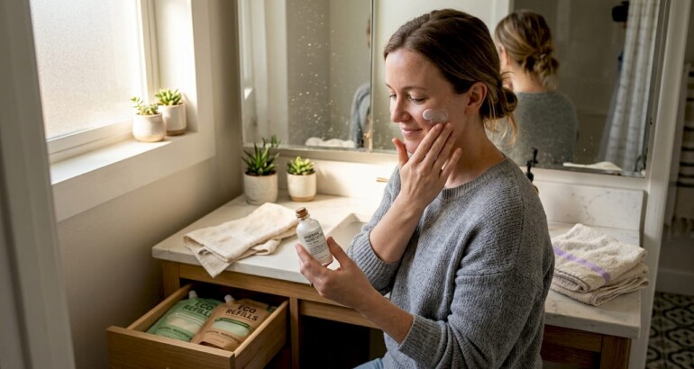 Woman applying sustainable skincare at bathroom vanity