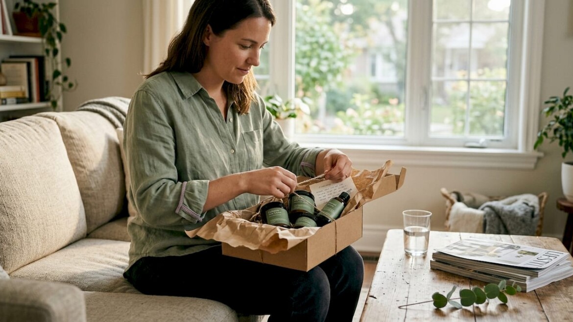 Unboxing natural skincare gifts on living room sofa