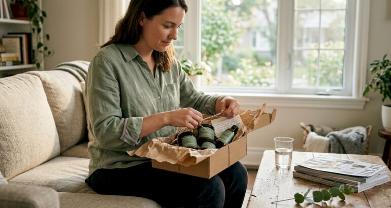 Unboxing natural skincare gifts on living room sofa