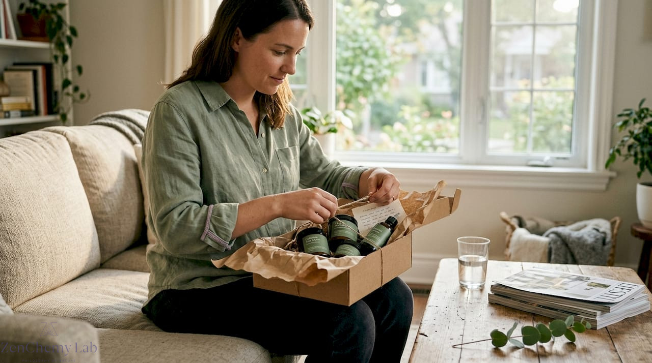 Unboxing natural skincare gifts on living room sofa