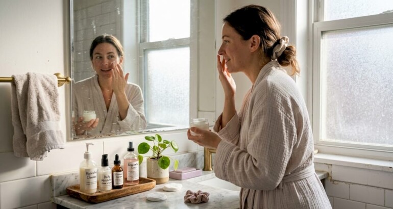 Woman applies skincare in bathroom sunlight