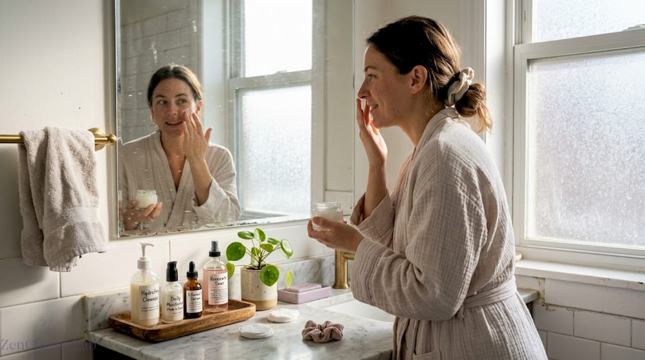 Woman applies skincare in bathroom sunlight